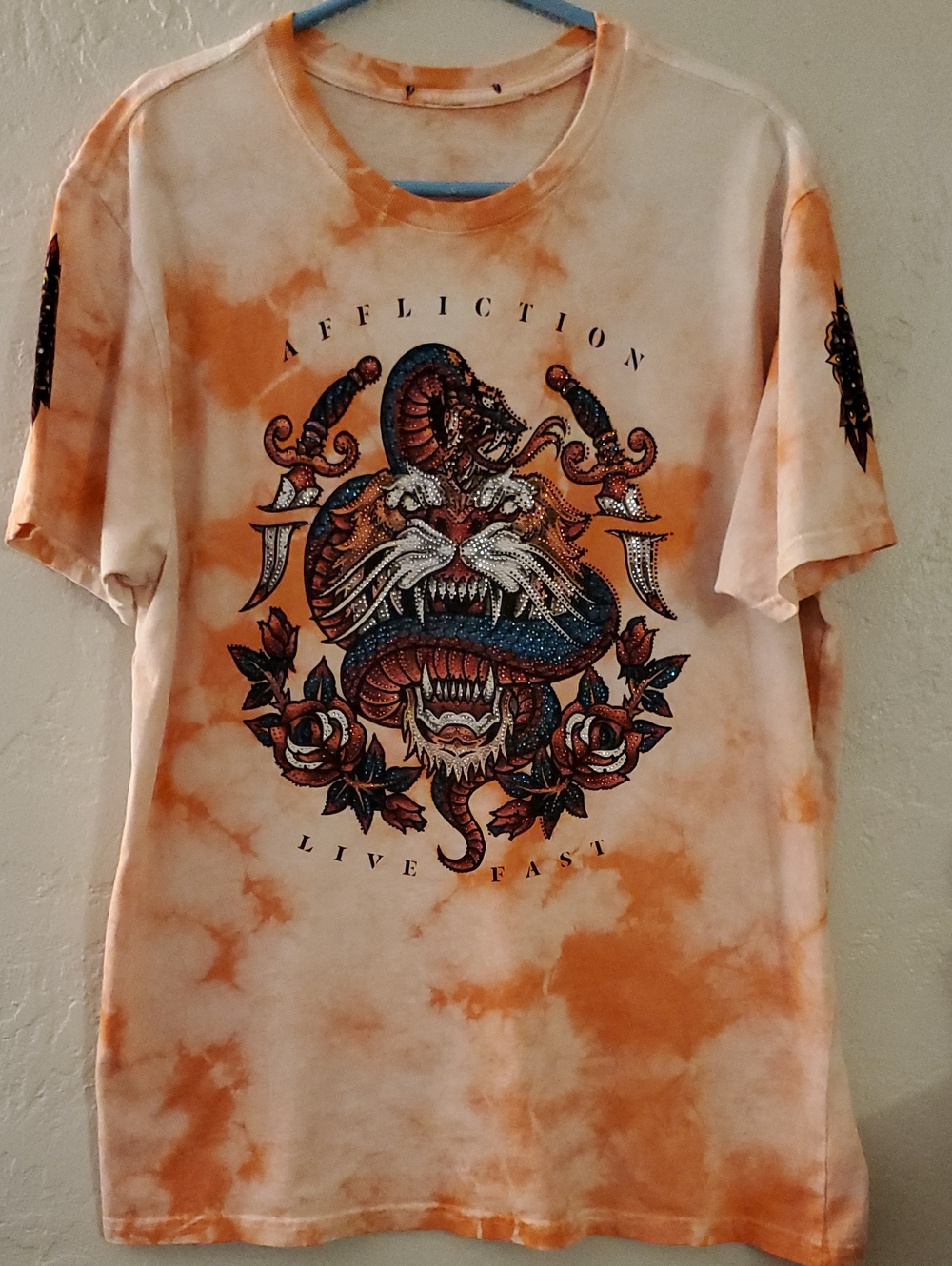 Affliction Men’s Orange Tie-Dye Graphic Tee With Rhinestones Medium